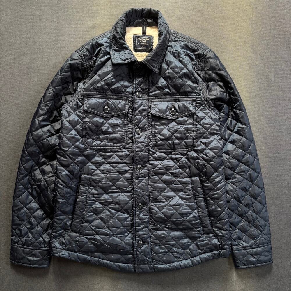 Abercrombie & Fitch Navy Jacket Quilted Nylon Button Front Shear Lined Sz M